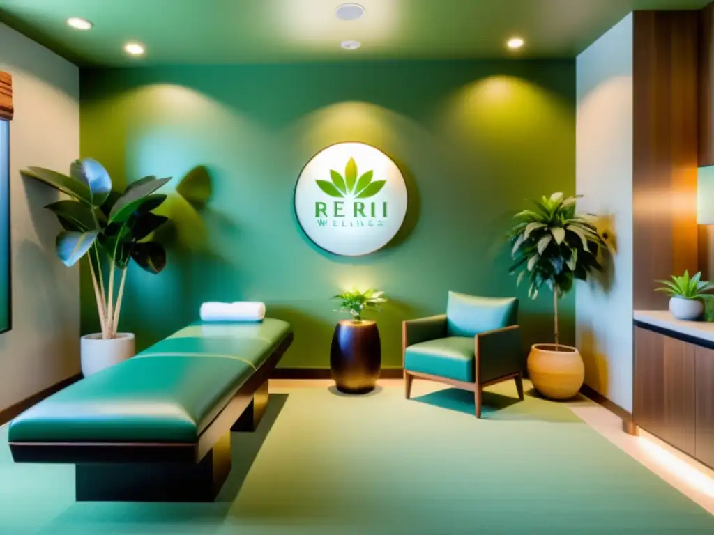 Centro de Bienestar Sereno: Reiki y Tratamientos Relajantes Imagen de un moderno centro de bienestar con iluminación suave y acogedora