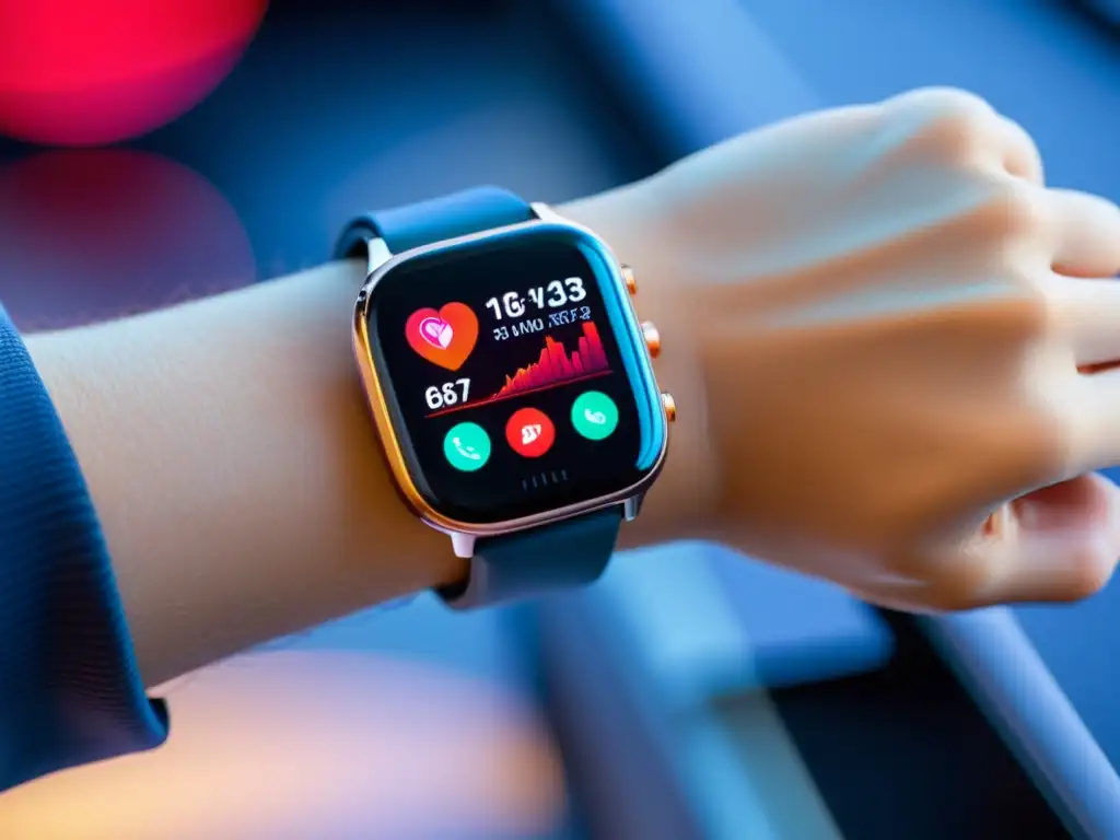 Imagen de cerca de un moderno smartwatch con pantalla de alta definición mostrando datos biométricos en un entorno futurista de dispositivos de monitoreo de salud
