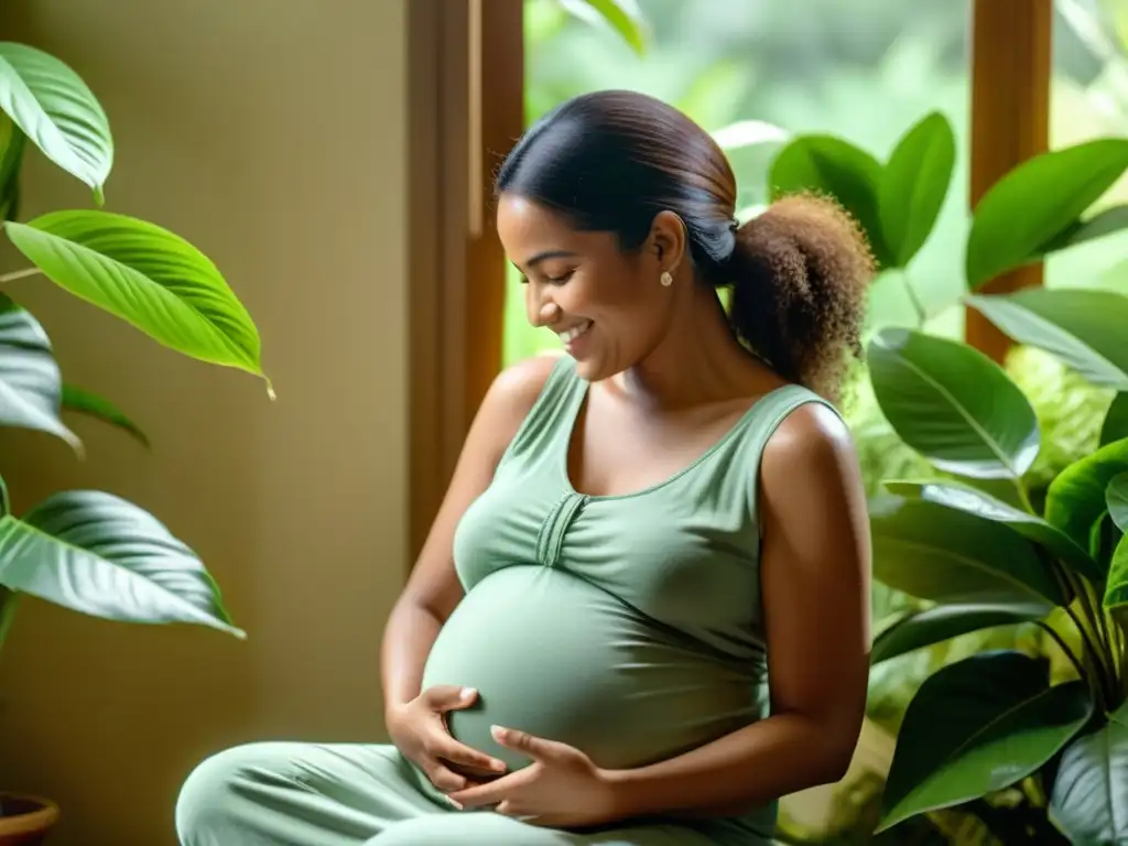 Embarazo sereno: Cuidados inmunológicos y bienestar Imagen 8k de mujer embarazada en ambiente tranquilo, con libro 'Cuidados inmunológicos en el embarazo: Planes de salud que te acompañan'