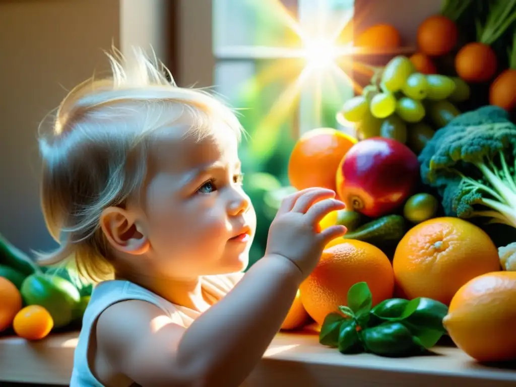 Imagen de un niño rodeado de frutas y verduras vibrantes, con una luz radiante