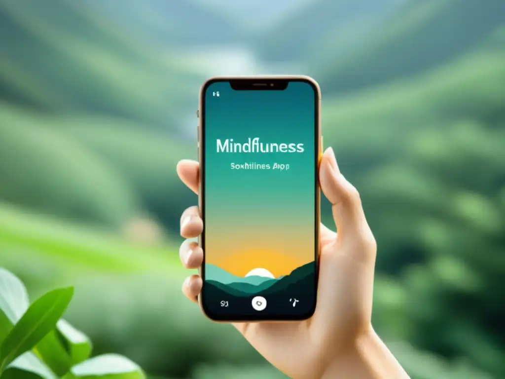 App de Mindfulness: Equilibrio y Calma Imagen de pantalla de smartphone moderno con app de mindfulness y fondo de naturaleza relajante