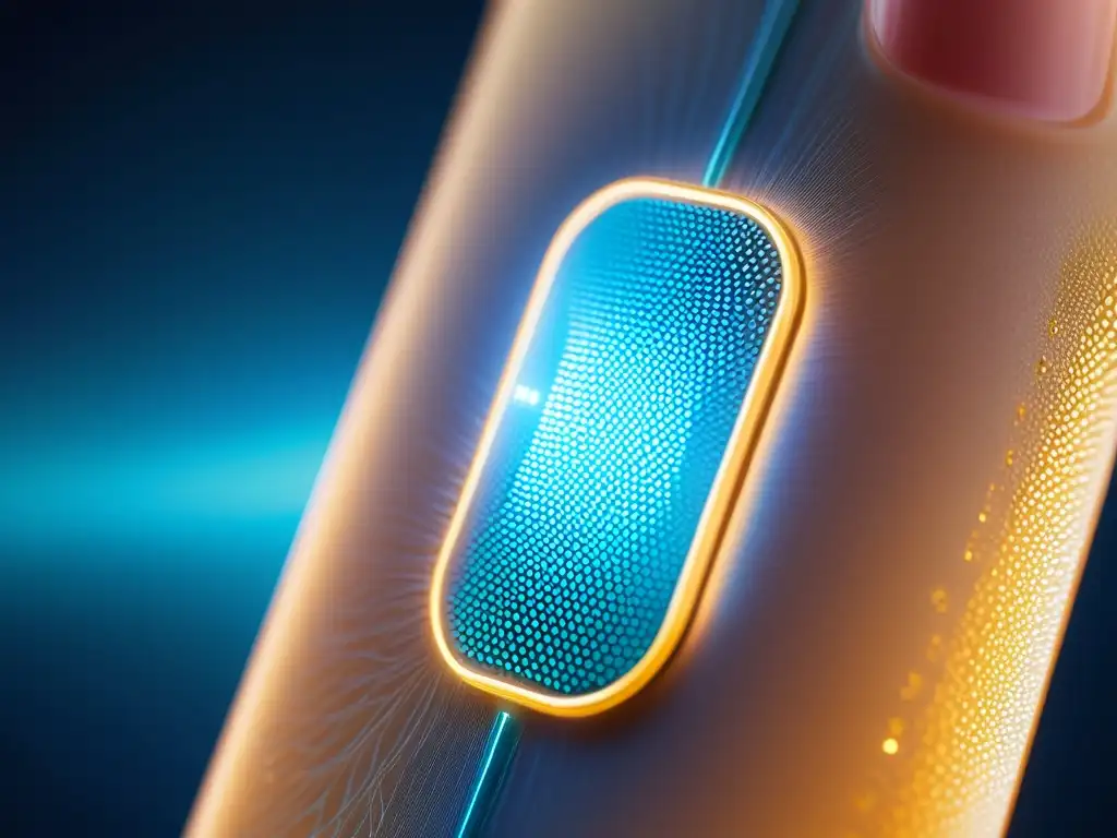 Smart Patch: Tecnología Futurista para Revitalizar la Piel Imagen de parche de nanotecnología para fortalecer sistema inmunológico, con diseño futurista y red de nanosensores