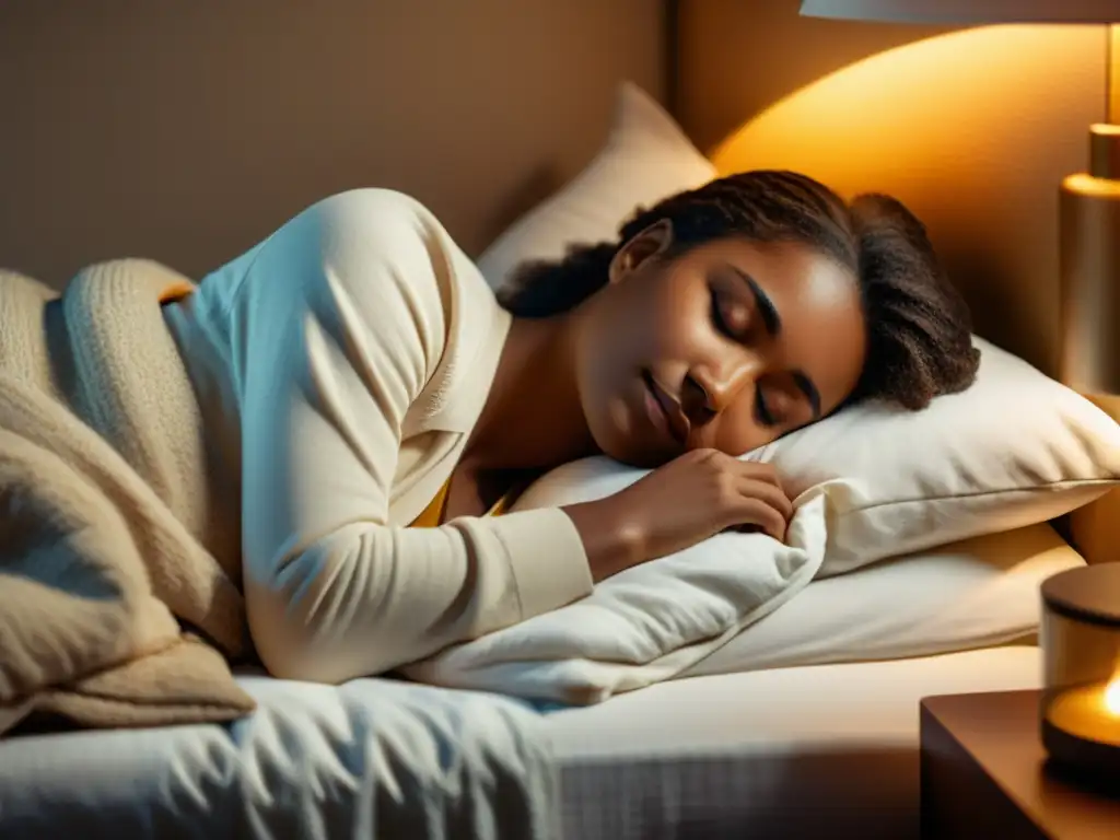 Sueño reparador en cama acogedora Imagen 8k de una persona durmiendo plácidamente en una cama acogedora, rodeada de almohadas suaves y mantas cálidas
