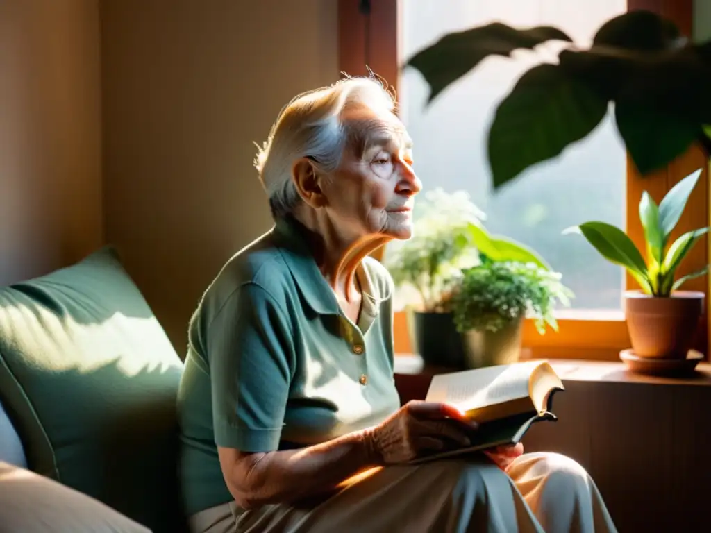 La imagen muestra a una persona mayor disfrutando de la tranquilidad en un ambiente acogedor, rodeada de plantas y libros