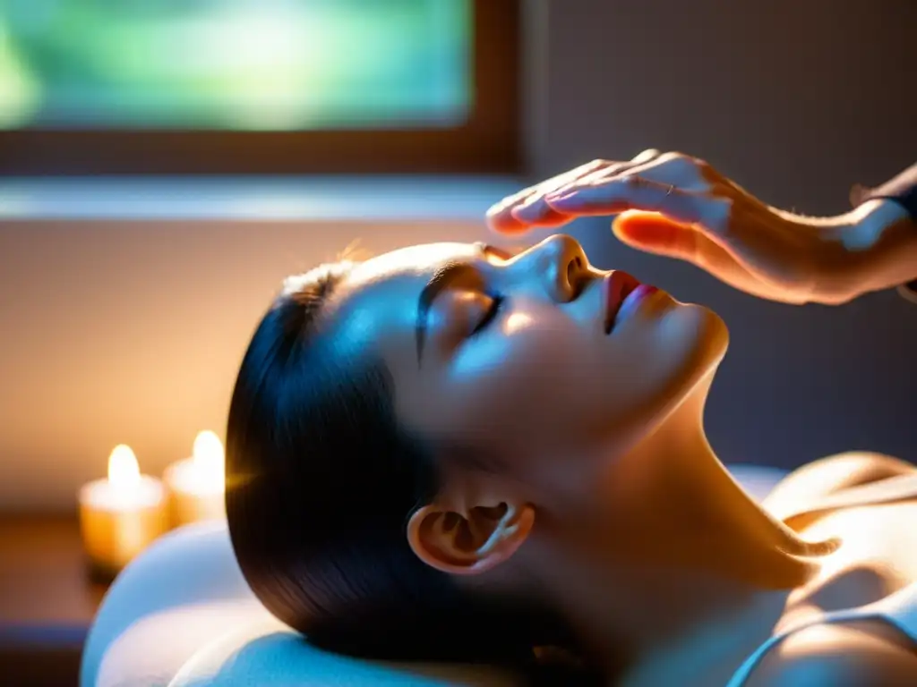 Sanación con Reiki: Paz y Bienestar Imagen de una persona recibiendo terapia de Reiki, con el practicante emitiendo una energía cálida