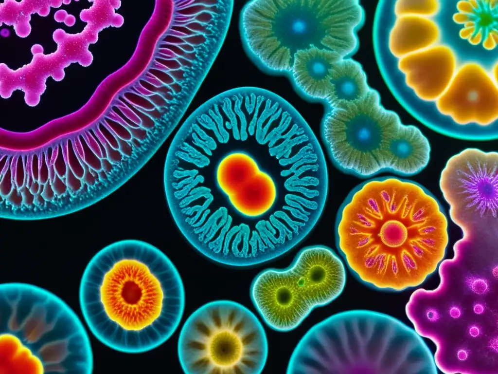Imagen de probióticos diversos bajo microscopio, con patrones vibrantes y estructuras celulares detalladas, en un espacio futurista