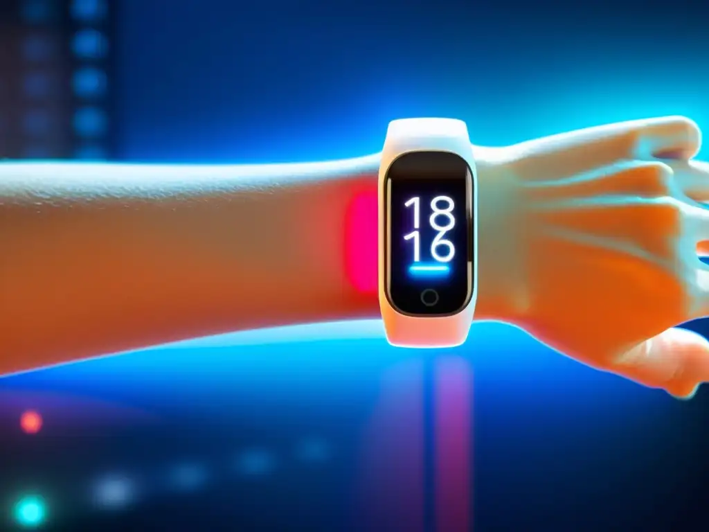 Avanzada tecnología de monitoreo de salud en pulsera inteligente Una imagen de alta resolución de una pulsera inteligente moderna con pantalla digital vibrante mostrando métricas de salud en tiempo real