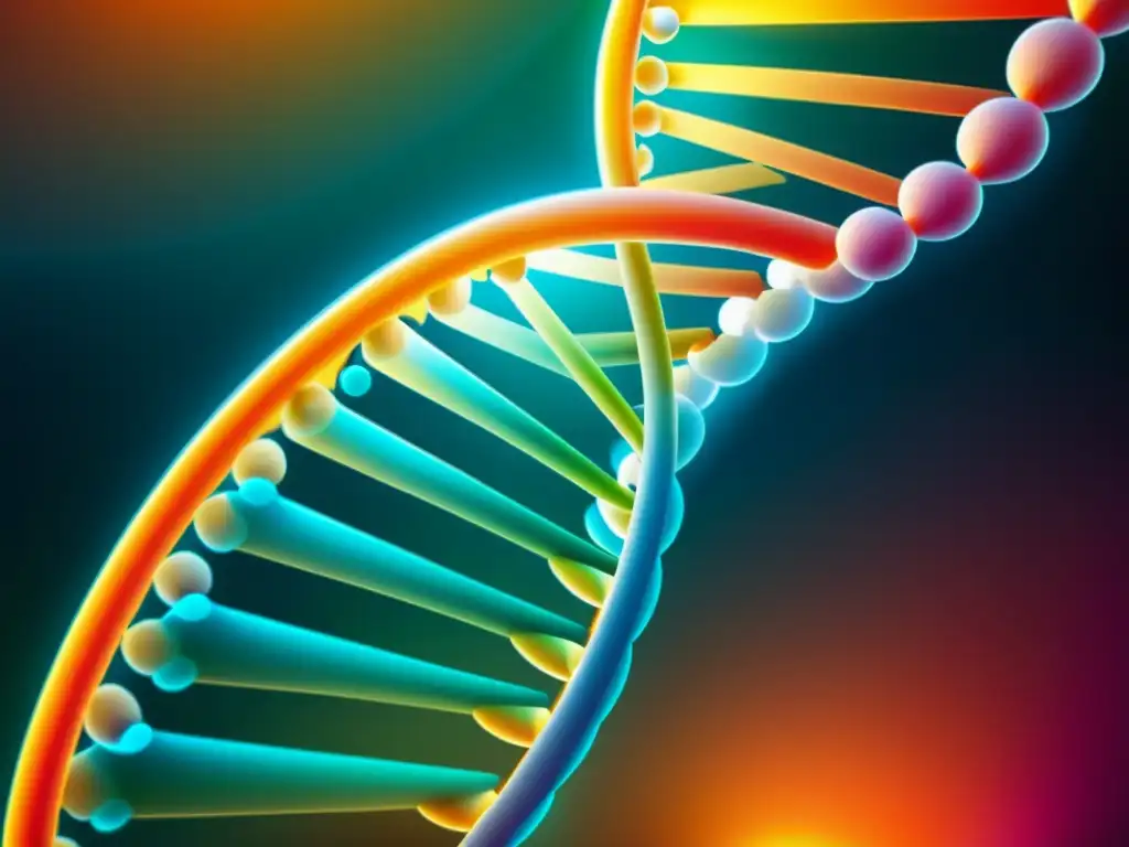 Una imagen de alta resolución de una estructura en doble hélice de ADN, con colores vibrantes y resplandecientes representando los diferentes componentes genéticos