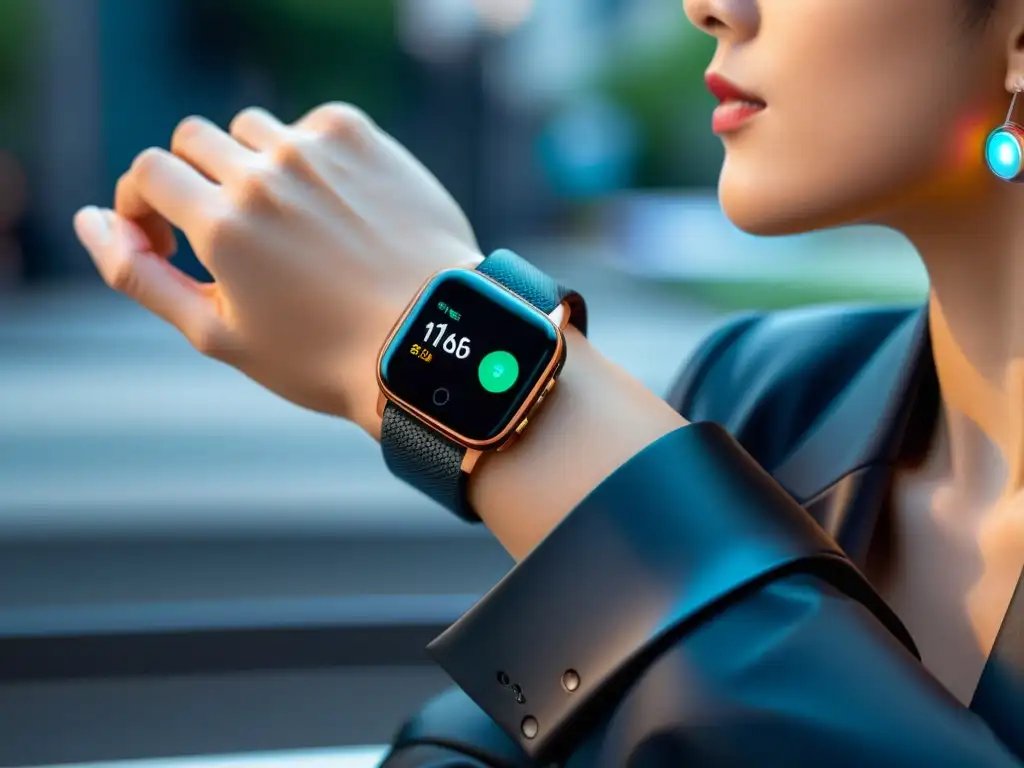 Wearable futurista para mejorar fertilidad y salud inmunológica Una imagen de alta resolución muestra un moderno dispositivo wearable, integrado en la vida diaria de una pareja