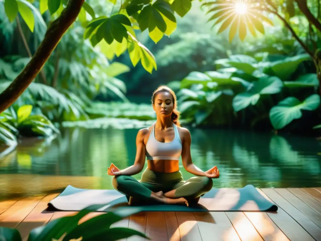 Meditación serena en la naturaleza: imagen 8k Imagen de alta resolución de una persona meditando en un entorno natural, ideal para aplicaciones de control del estrés