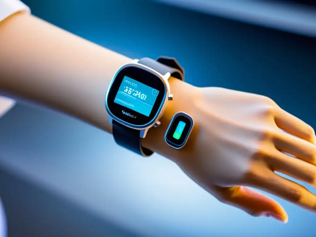 Sensor portátil de detección de patógenos: innovación científica Una imagen de alta resolución de un sensor wearable de vanguardia para detección de patógenos, con diseño moderno y tecnología avanzada