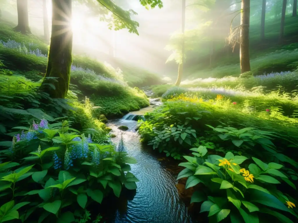 Bosque sereno: arroyo entre la exuberante vegetación Imagen serena de un frondoso bosque verde con arroyo, invita a la meditación trascendental para fortalecer el sistema inmunológico