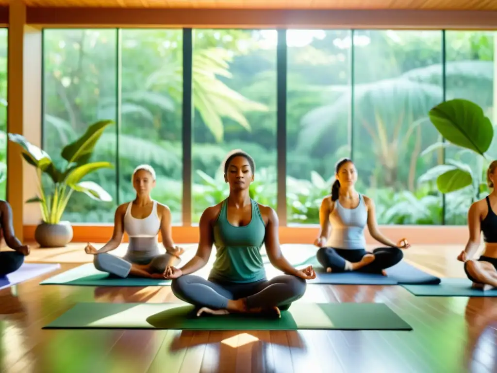 Clase de yoga y meditación en grupo: serenidad y bienestar en la naturaleza Imagen serena de grupo diverso practicando yoga en un entorno natural, transmitiendo bienestar y paz