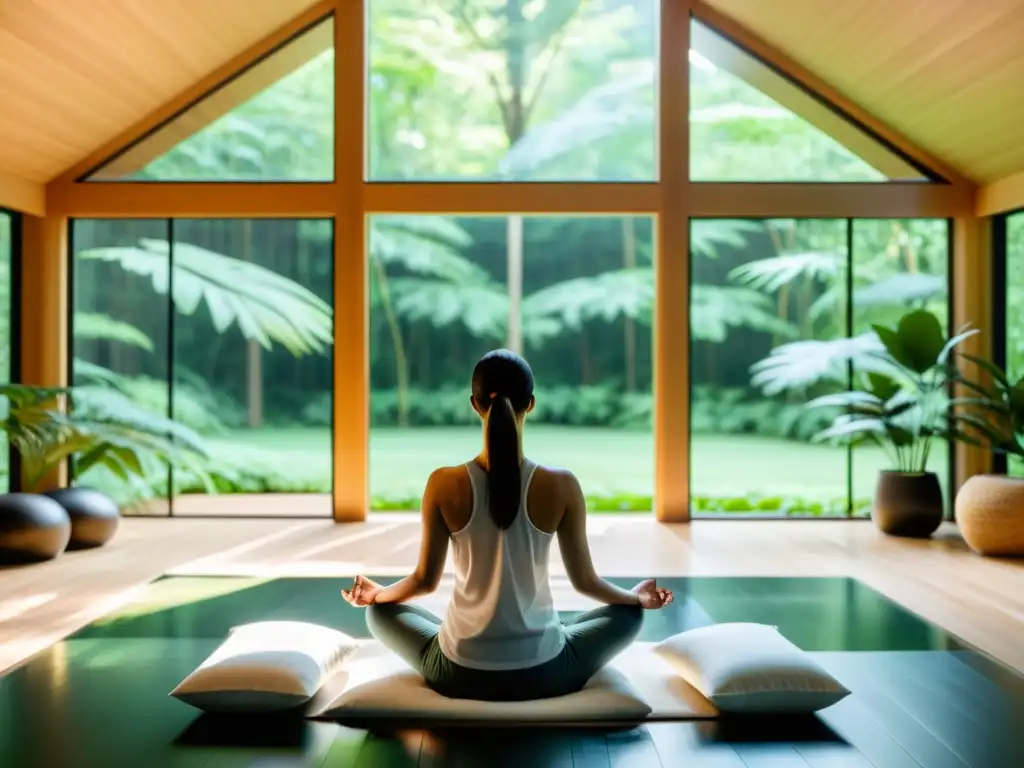 Una imagen serena y rejuvenecedora de una habitación de meditación con vista a un bosque