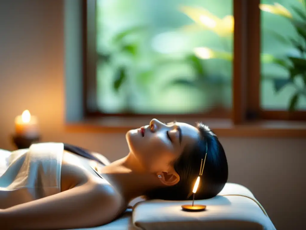 Acupuntura tranquila: paciente en sesión Imagen de una serena sala de acupuntura, con luz natural y paciente recibiendo acupuntura para fortalecer sistema inmunológico