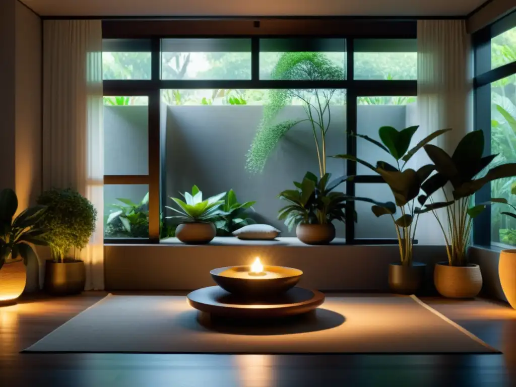 Imagen 8k de una serena sala de meditación iluminada naturalmente