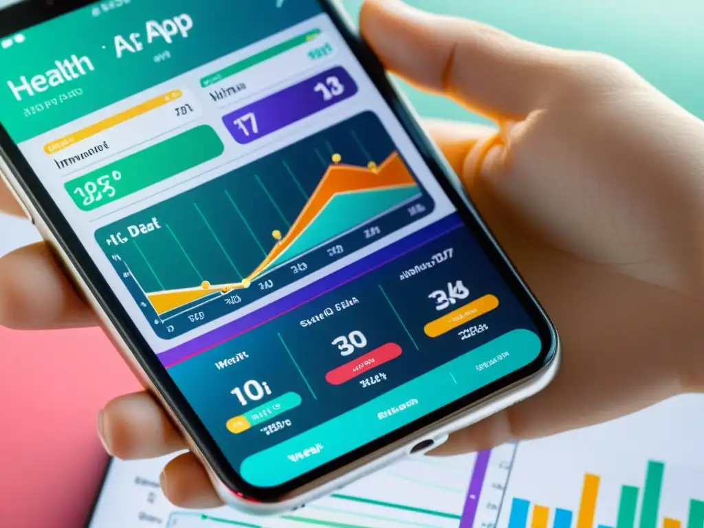 Imagen de smartphone con app de salud mostrando gráficos del sistema inmunológico