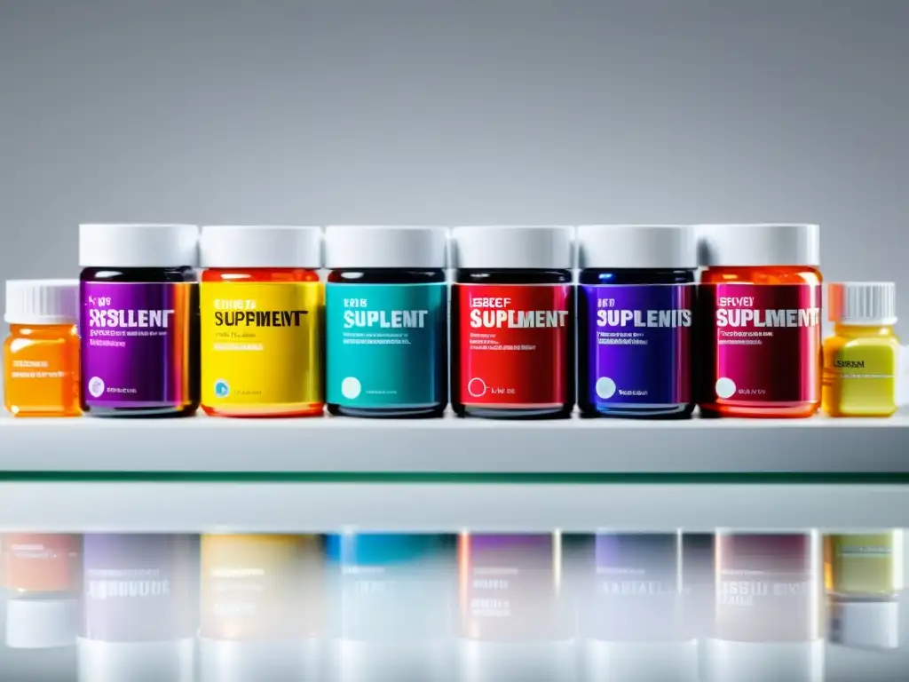 Suplementos coloridos en fila: imagen moderna y atractiva Una imagen de suplementos coloridos para fortalecer el sistema inmunológico, organizados en una superficie blanca brillante