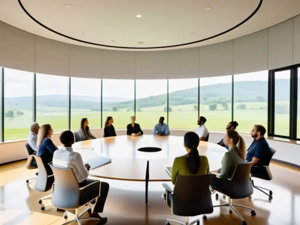 Taller de manejo del estrés en un aula moderna y serena 'Imagen de un taller online para gestionar estrés en un aula moderna con vista a un paisaje verde y sereno