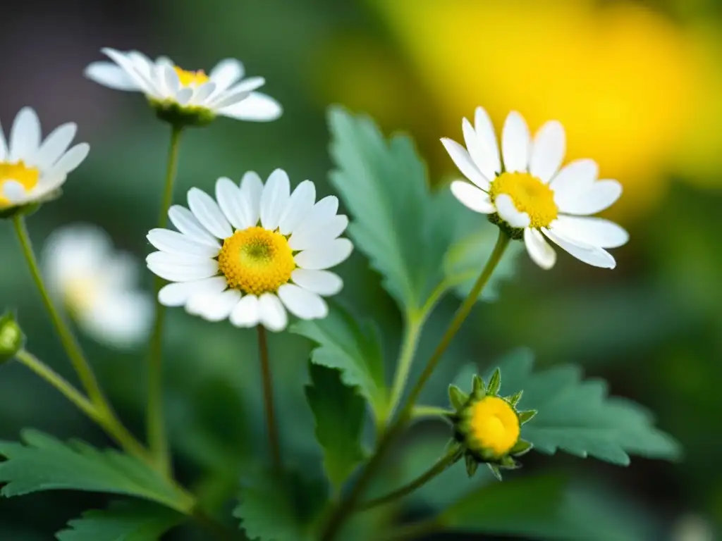 Detalle ultrarresplandeciente de manzanilla vibrante Una imagen ultradetallada de una planta de manzanilla vibrante, resaltando sus delicadas flores blancas y amarillas entre hojas verdes exuberantes