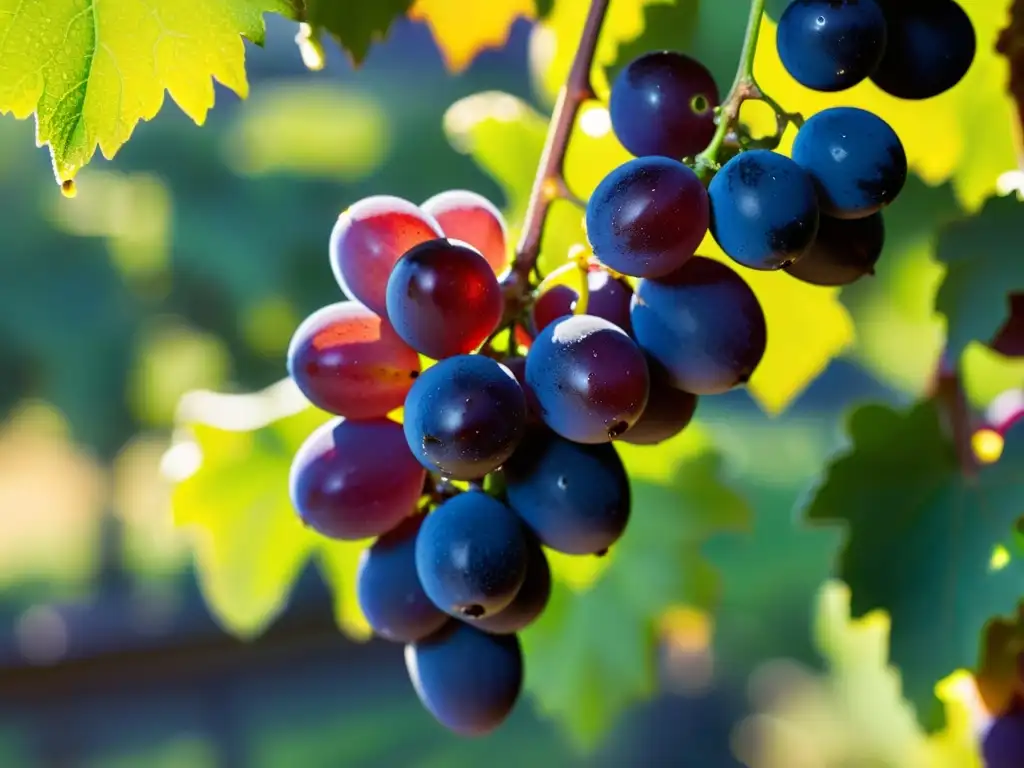 Uvas maduras brillantes al sol: detalle ultra definido Imagen de uvas maduras en la vid, brillando bajo la luz dorada, invita a apreciar los beneficios antioxidantes del extracto de semilla de uva