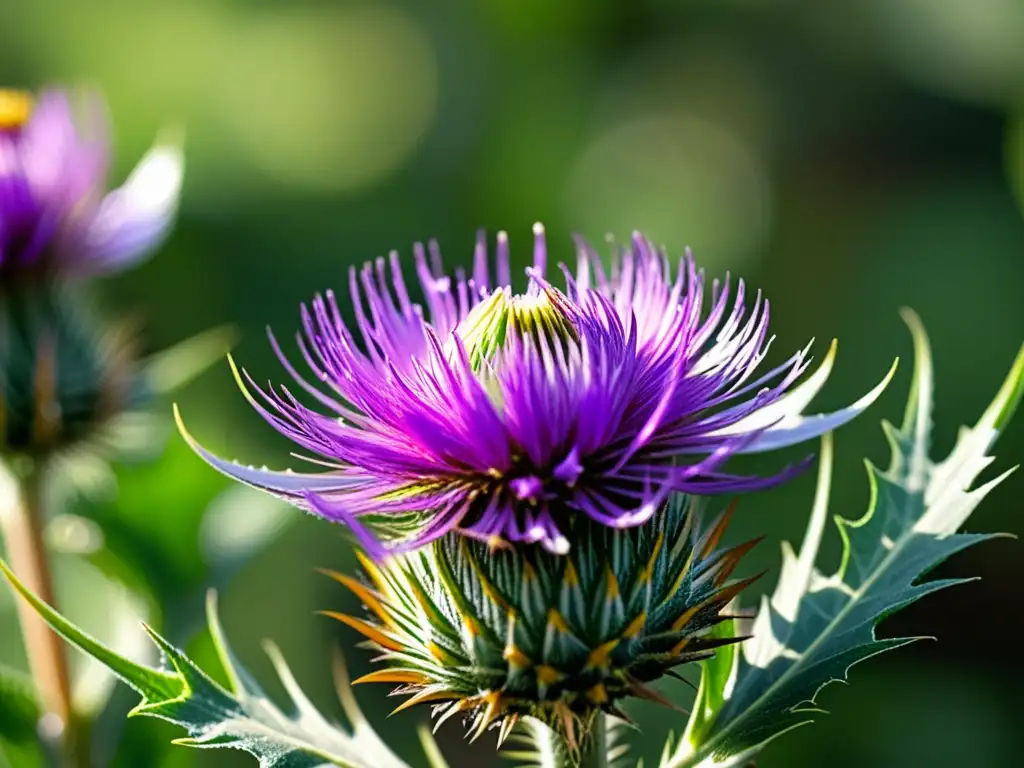 Espléndida flor de cardo morado en la luz dorada del sol Imagen de un cardo mariano púrpura vibrante en un entorno natural, resaltando sus beneficios para el sistema inmunológico
