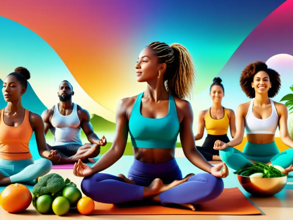 Vitalidad y bienestar: diversidad en actividades saludables Imagen vibrante de personas diversas disfrutando de actividades saludables como yoga, running y cocina, con un toque moderno