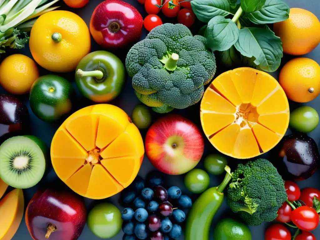 Exuberante exhibición de frutas y verduras frescas Una impactante exhibición de frutas y verduras frescas en un arreglo simétrico