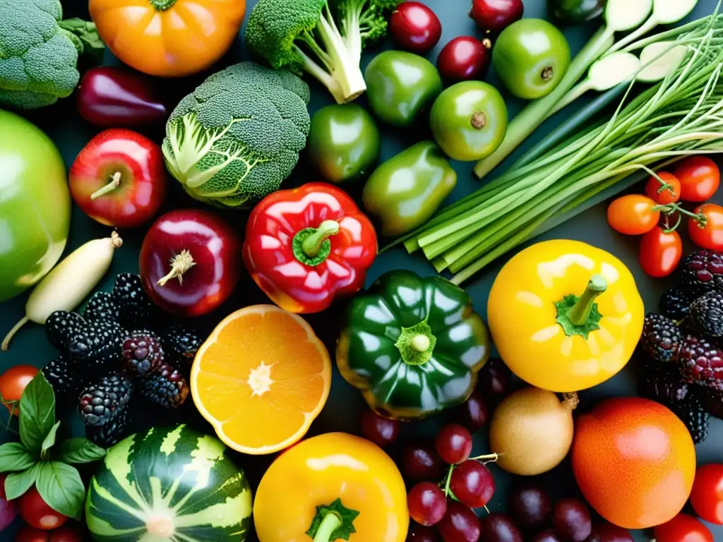 Exuberante exhibición de frutas y verduras vibrantes Una impactante exhibición de frutas y verduras frescas, vibrantes y variadas, que evoca vitalidad y abundancia