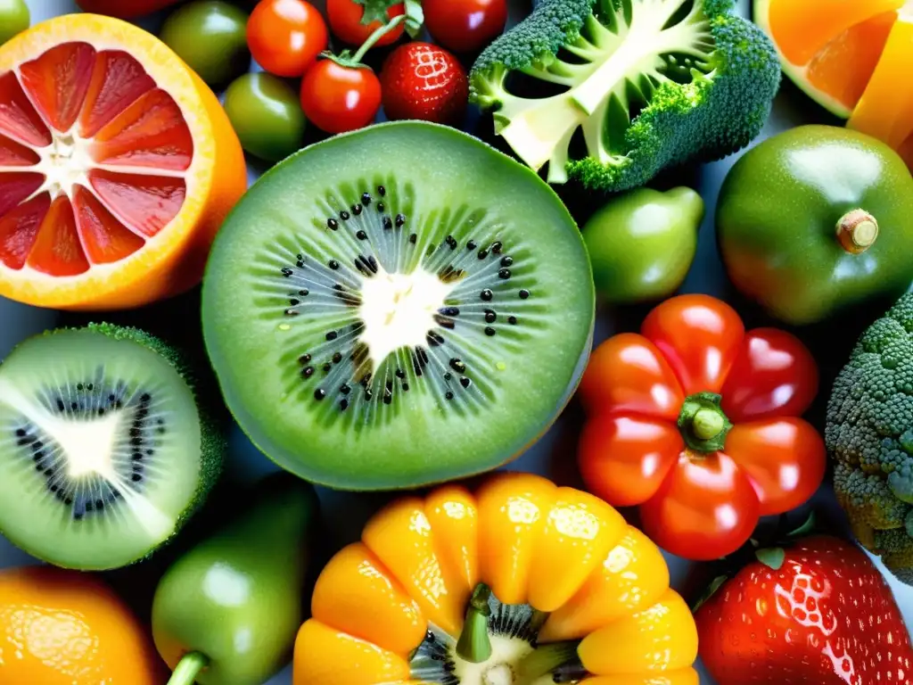 Una impactante exhibición de frutas y verduras ricas en vitamina C, con colores vibrantes y frescura, ideal para recetas ricas en vitamina C