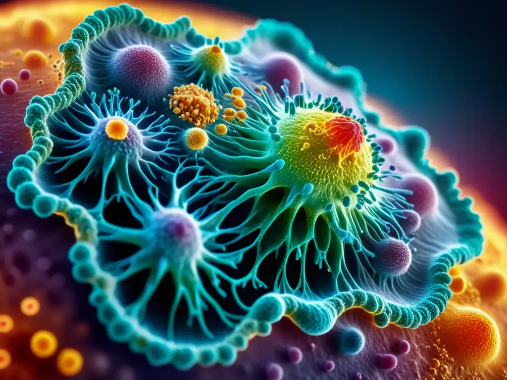 Microscopía 8K de células inmunitarias bajo ataque de radicales libres Una impactante imagen en 8k muestra el ataque de radicales libres a células inmunes, resaltando la importancia de medir el estrés oxidativo