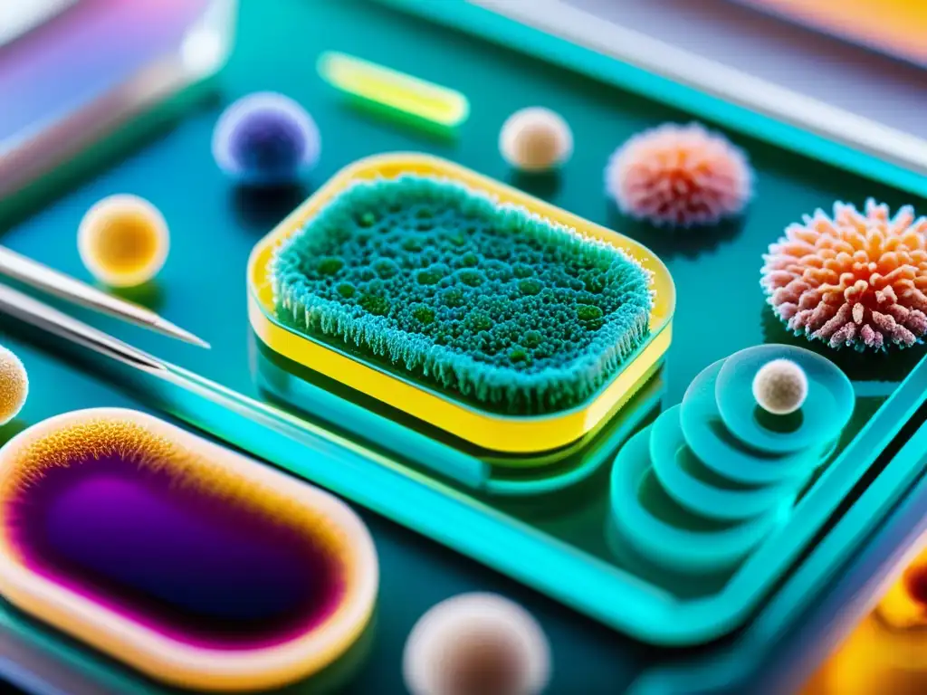Microscopio revela células inmunitarias en acción Una impactante imagen de alta resolución de una diapositiva de microscopio colorida mostrando varios tipos de células inmunes en acción, rodeada de equipo científico y herramientas de laboratorio