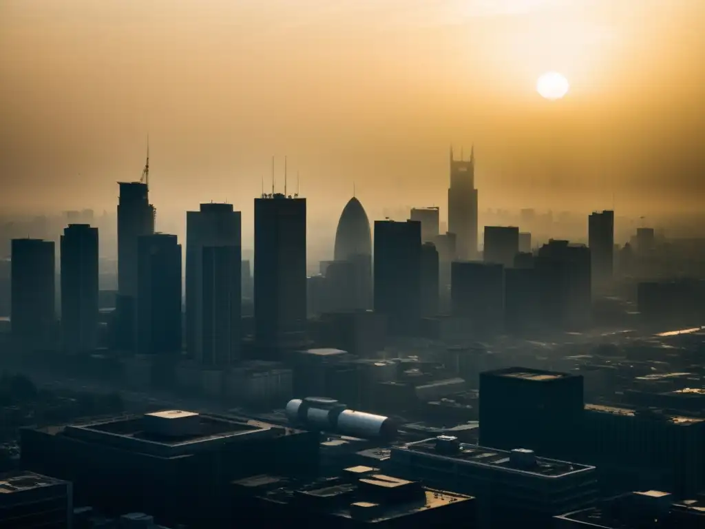 Impactante smog en la ciudad: urgencia por aire limpio Un impactante skyline de ciudad envuelto en smog, con el sol luchando por brillar