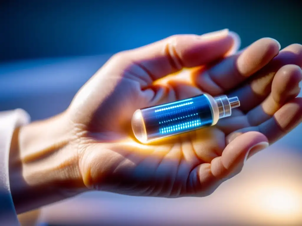 Implante bioelectrónico de vanguardia en mano de científico Implante bioelectrónico de alta tecnología para potenciar el sistema inmune, sostenido por una mano enguantada de científico