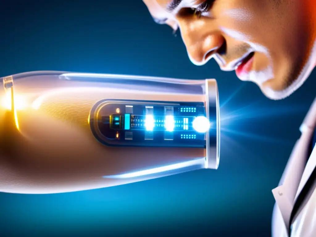 Implante biocompatible con circuitos y luces LED en el antebrazo Implante wearable de alta tecnología con circuitos LED siendo insertado en el antebrazo en un entorno médico futurista