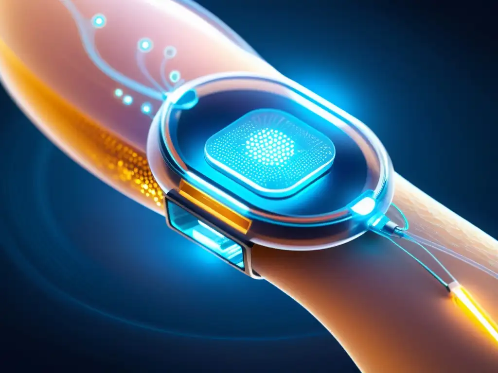 Implante futurista integrado en el sistema inmunológico Implante wearable integrado con el sistema inmunológico, emitiendo un suave resplandor bioluminiscente en una atmósfera futurista