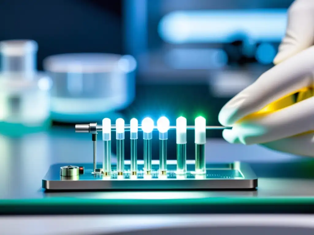 Implante inmunológico: tecnología de vanguardia Implantes sensores inmunológicos ajuste tratamientos: Detalle microscópico de sensor plateado con tubos translúcidos, en laboratorio médico