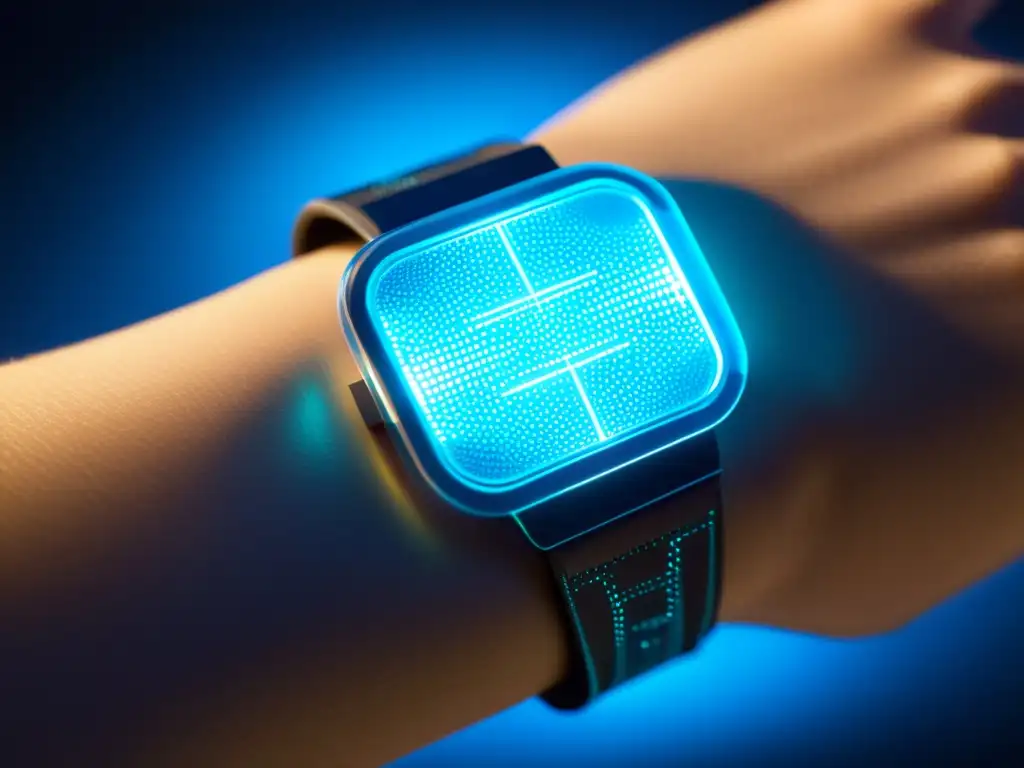 Implante biotecnológico: fusión con la piel Implantes wearables sistema inmunológico: Detalle futurista de parche de piel con circuitos integrados y luz bioluminiscente en antebrazo