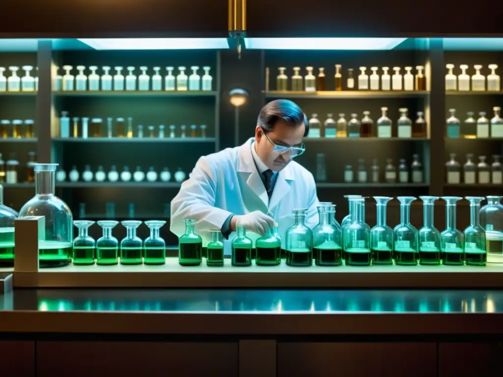 Desarrollo de vacuna: escena histórica en laboratorio Importancia histórica del desarrollo de vacunas en un laboratorio antiguo, científicos trabajando meticulosamente con determinación