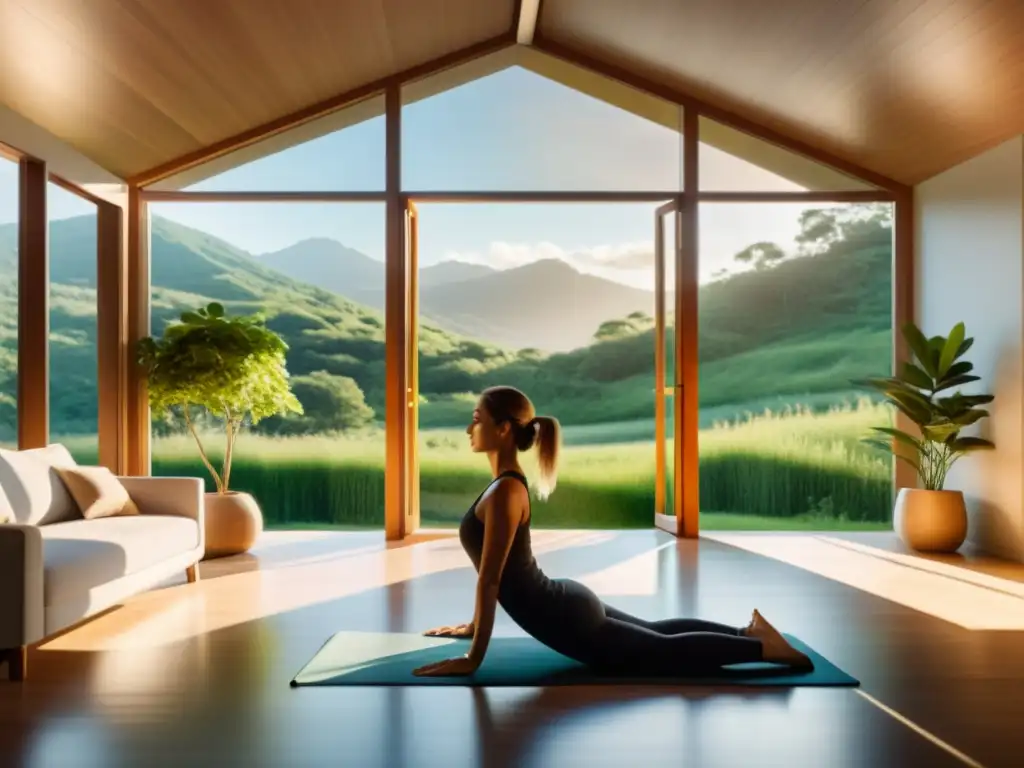 Dormitorio moderno con vista a la naturaleza: equilibrio entre sueño y ejercicio Importancia del sueño en el sistema inmunológico: Dormitorio moderno con vista a la naturaleza, luz cálida y persona durmiendo pacíficamente