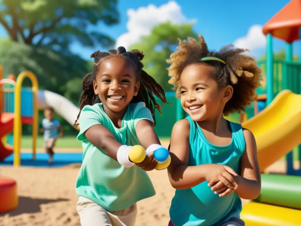 Niños felices jugando en un parque soleado con vacunas visibles Importancia de vacunas en mortalidad: Niños saludables y felices, con vendajes de vacunación, jugando en un vibrante parque bajo el cálido sol