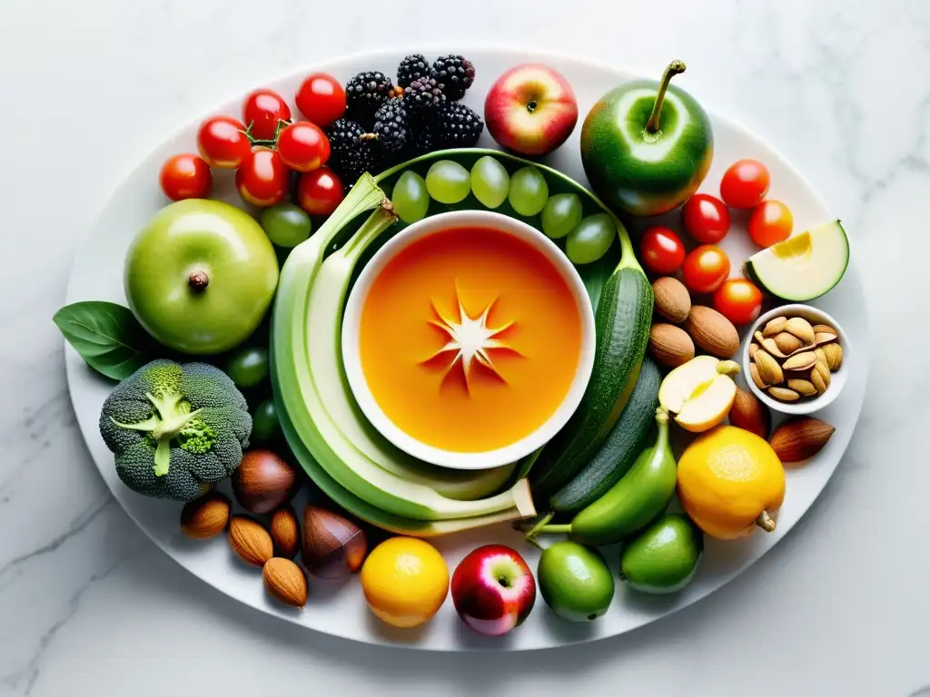Arreglo vibrante de frutas y verduras frescas en mármol blanco Un impresionante arreglo de frutas, verduras, frutos secos y semillas en un diseño simétrico sobre una encimera de mármol blanco