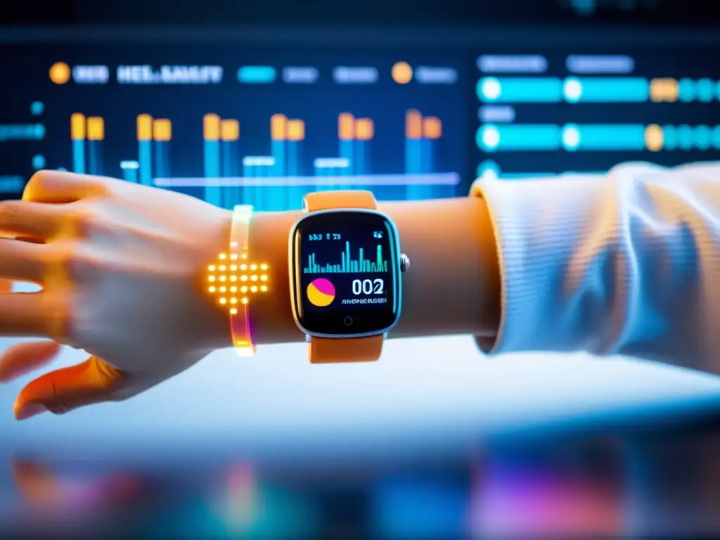 Un impresionante dispositivo futurista en la muñeca muestra análisis predictivo salud inmunológica wearables en una instalación médica avanzada