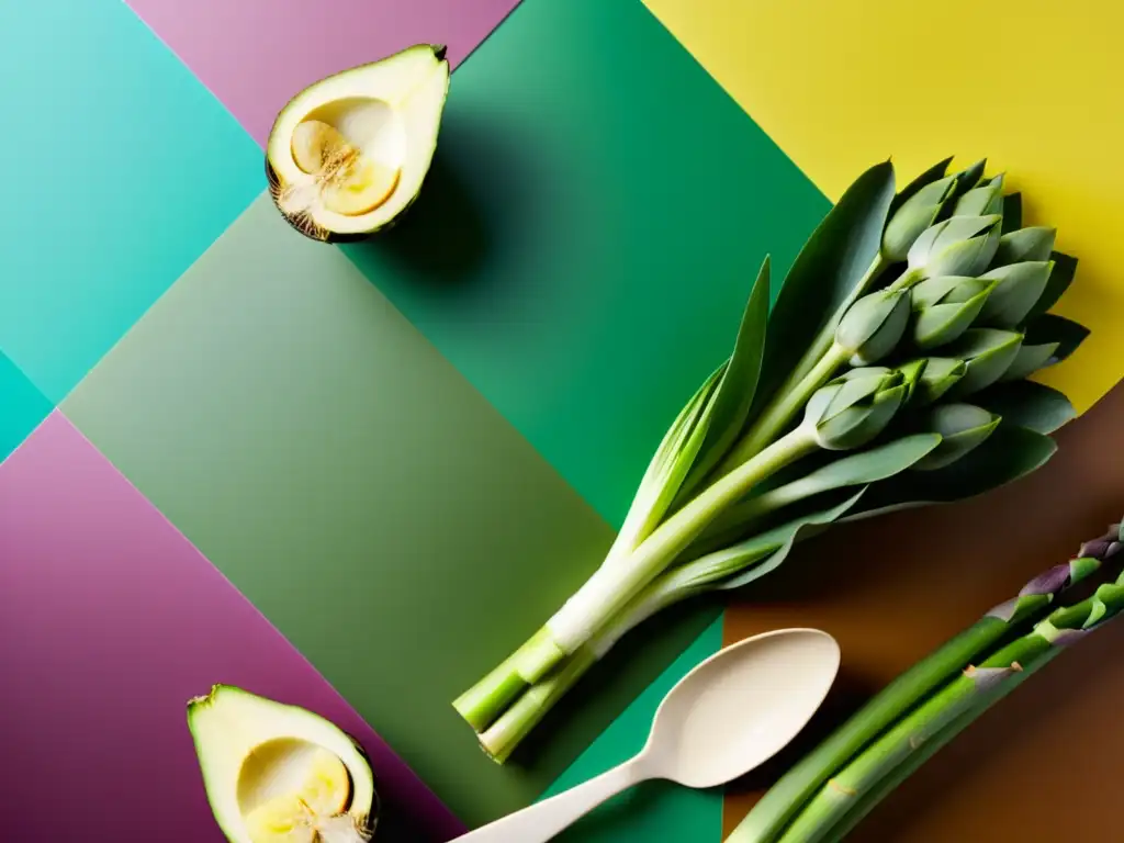Arte prebiótico: diversidad vibrante de alimentos para la salud Una impresionante exhibición de alimentos ricos en prebióticos, resaltando la diversidad y los beneficios prebióticos para el sistema inmunológico