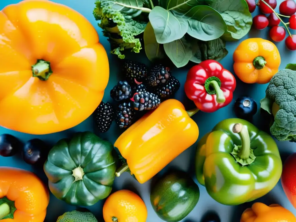 Exuberante exhibición de frutas y verduras frescas en alta resolución Una impresionante exhibición de frutas y verduras coloridas y frescas, potenciadores del sistema inmunológico, con detalles y colores vibrantes