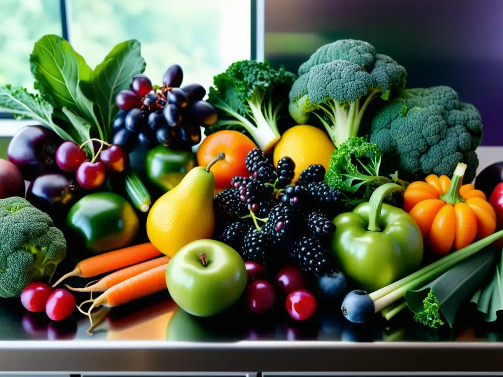 Exquisita exhibición de frutas y verduras en cocina moderna Una impresionante exhibición de frutas y verduras orgánicas en una cocina moderna, resaltando un enfoque homeopático detoxificación sistema inmune