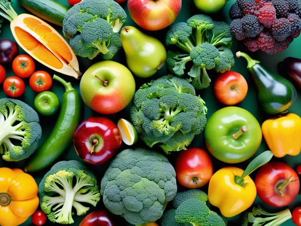 Exquisita variedad de frutas y verduras frescas en alta definición Una impresionante exhibición de frutas y verduras frescas, resalta la importancia de la nutrición para el sistema inmunológico