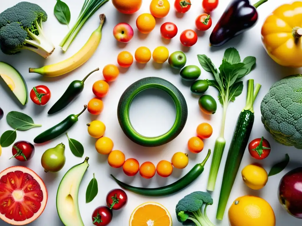 Exquisita variedad de frutas y verduras en un elegante mostrador blanco Una impresionante exhibición de frutas y verduras coloridas y vibrantes dispuestas en un patrón circular en una encimera blanca moderna, evocando salud, bienestar y abundancia natural, ideal para estrategias personalizadas sistema inmunitario