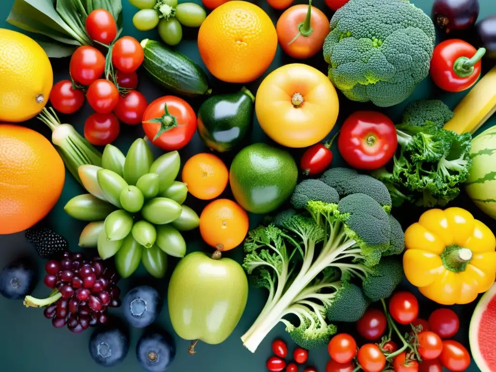 Una impresionante exhibición de frutas y verduras frescas, vibrantes y coloridas, que refleja la nutrición personalizada para inmunodeficiencias