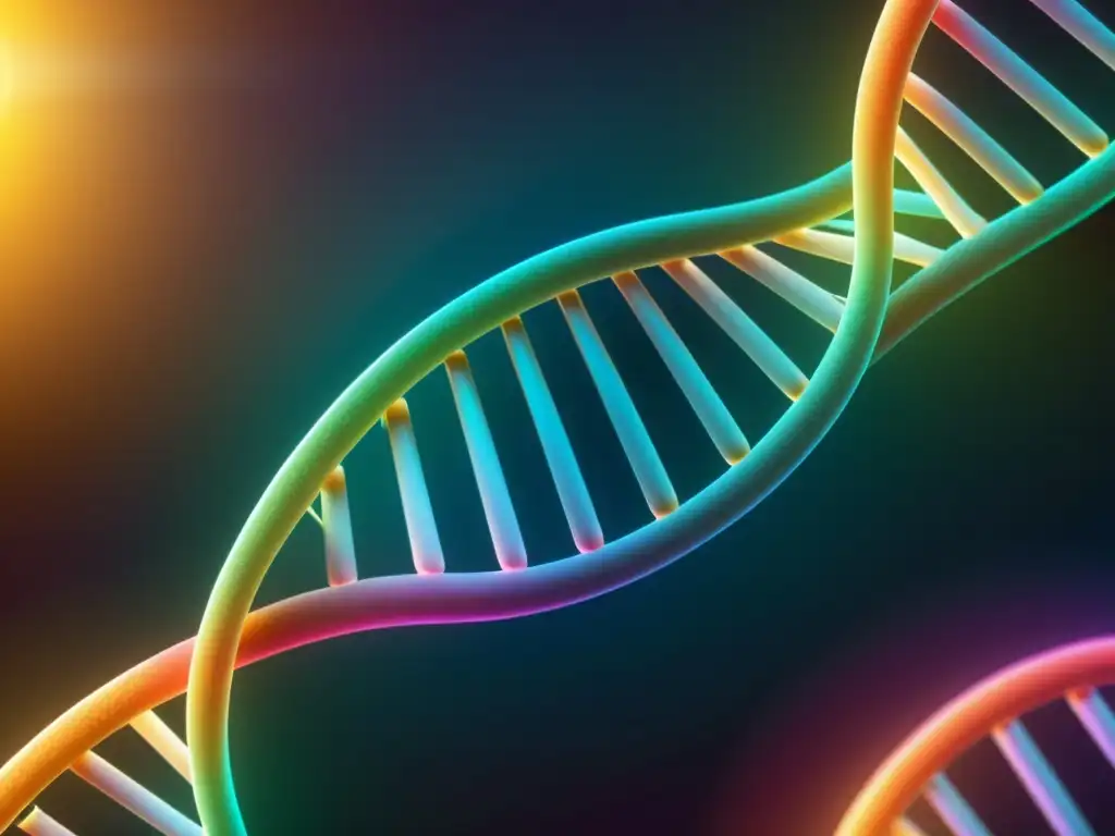 Una impresionante imagen en 8k de una cadena de ADN con detalles nítidos y colores vivos, resaltando la herencia genética en las defensas del cuerpo